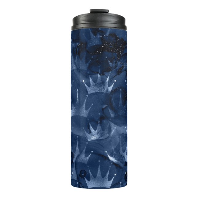 Navy Blue Glitter Mermaid Crown Pattern Thermal Tumbler (Front)
