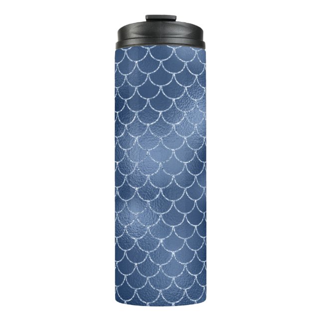Navy Blue Glitter Mermaid Scale Pattern Thermal Tumbler (Front)