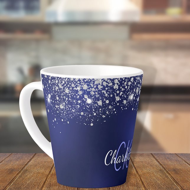 Navy blue glitter monogram name script latte mug (Creator Uploaded)