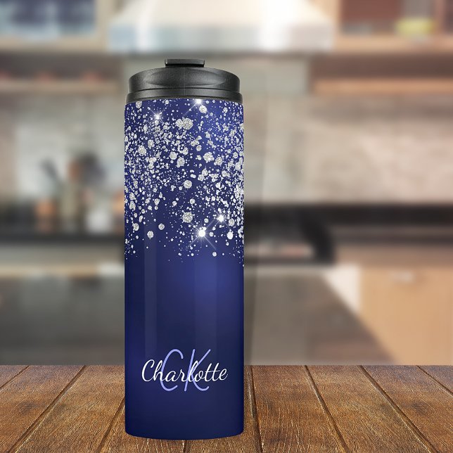 Navy blue glitter monogram name script thermal tumbler (Creator Uploaded)