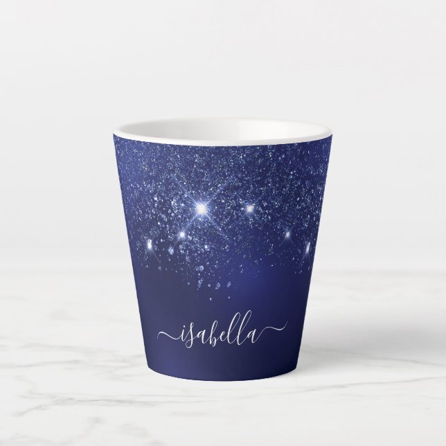 Navy blue glitter name script latte mug (Front)