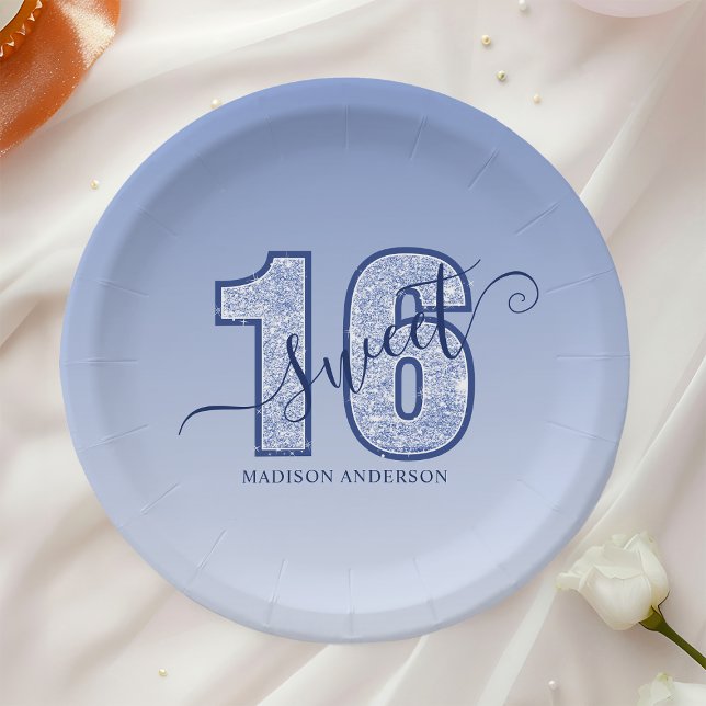 Navy Blue Glitter Script Sweet 16 Paper Plate (Creator Uploaded)