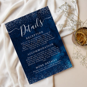 Navy Blue Glitter Starry Night Wedding Details Enclosure Card