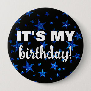 Navy Blue Glitter Stars Confetti It's My Birthday 10 Cm Round Badge