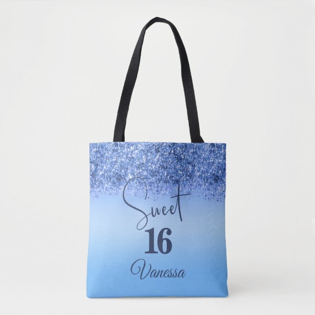 Navy Blue Glitter Sweet 16 Birthday Girly Sparkle Tote Bag (Front)