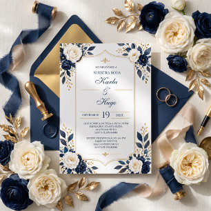 Navy Blue&God Floral Wedding Spanish Invitation
