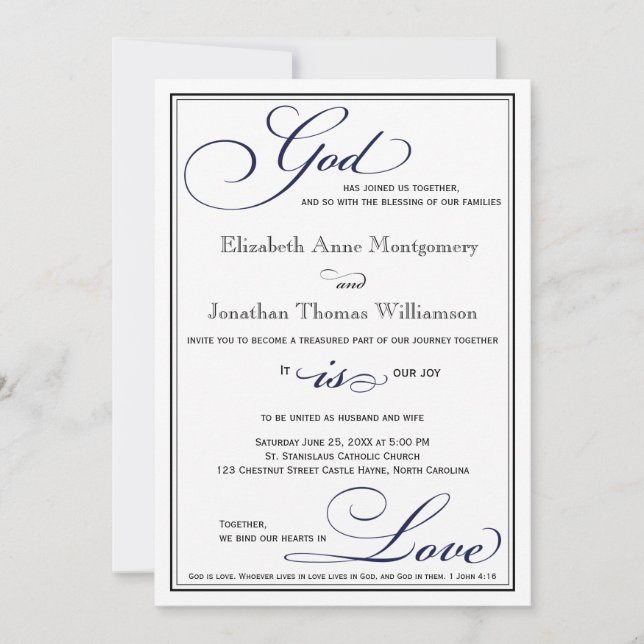 Navy Blue God is Love Christian Wedding Invitation (Front)