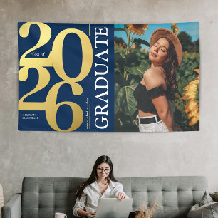 Navy Blue Gold 2025 Graduate Photo Graduation Banner
