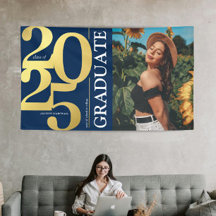 Navy Blue Gold 2025 Graduate Photo Graduation Banner