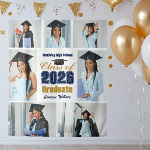 Navy Blue Gold 2026 Graduation Party Photo Collage Tapestry