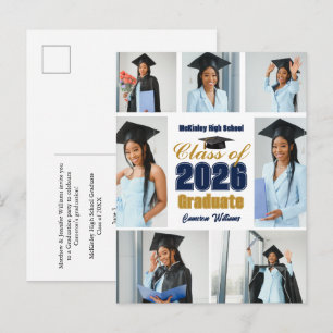Navy Blue Gold 2026 Graduation Photo Collage Announcement Postcard