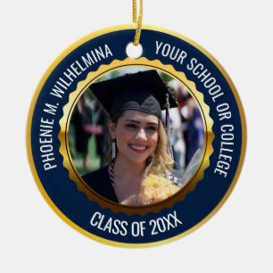 Navy Blue Gold 2 Photo Graduation Class of 2025 Ceramic Tree Decoration