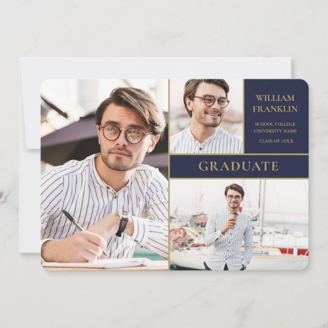 Navy Blue Gold 3 Photo Collage Graduation  Announc Announcement (Front)