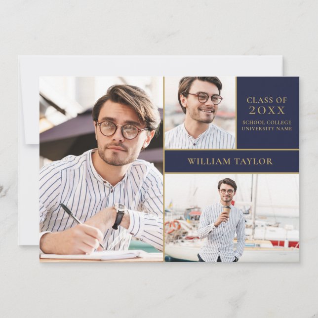 Navy Blue Gold 3 Photo Collage Graduation Party  Invitation (Front)