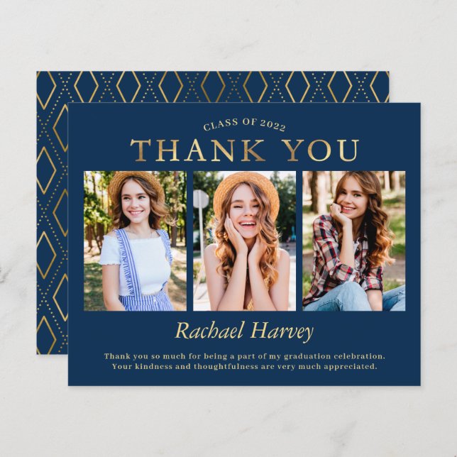 Navy Blue Gold 3 Photo Graduation Thank You (Front/Back)