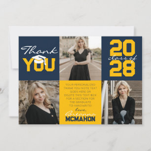 Navy Blue & Gold 3 Photo Graduation Thank You Invitation