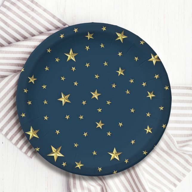 Navy Blue Gold 3D Stars Military Style Paper Plate (Creator Uploaded)