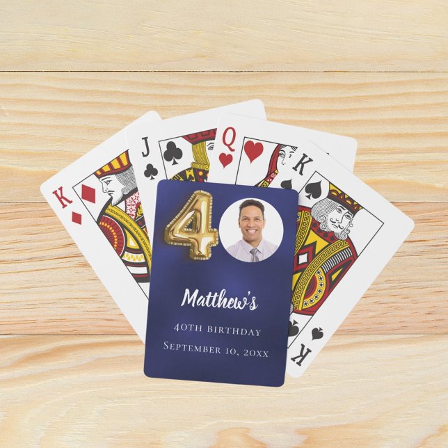 Navy blue gold 40th photo birthday party playing cards (Creator Uploaded)