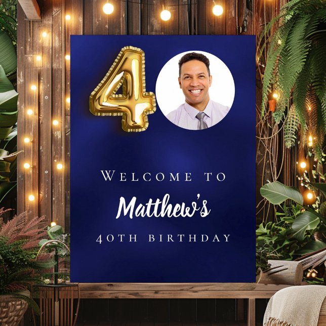 Navy blue gold 40th photo birthday party welcome poster (Creator Uploaded)