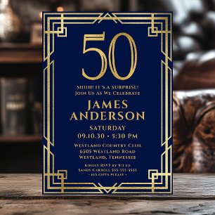 Navy Blue Gold 50th Birthday Photo Surprise Party Invitation