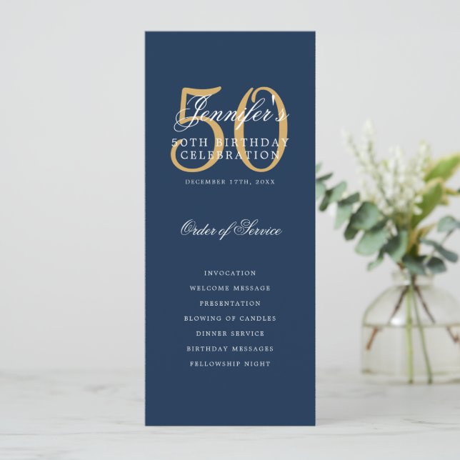 Navy Blue Gold 50th Birthday Program w/ Menu Invitation (Standing Front)