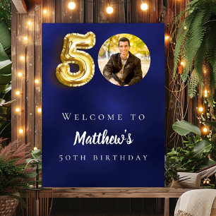 Navy blue gold 50th photo birthday party welcome poster