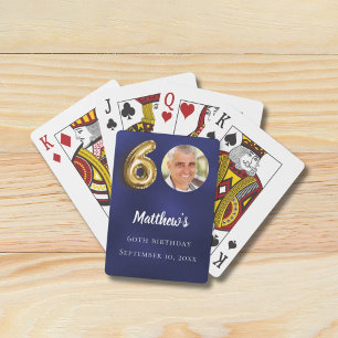 Navy blue gold 60th photo birthday party playing cards