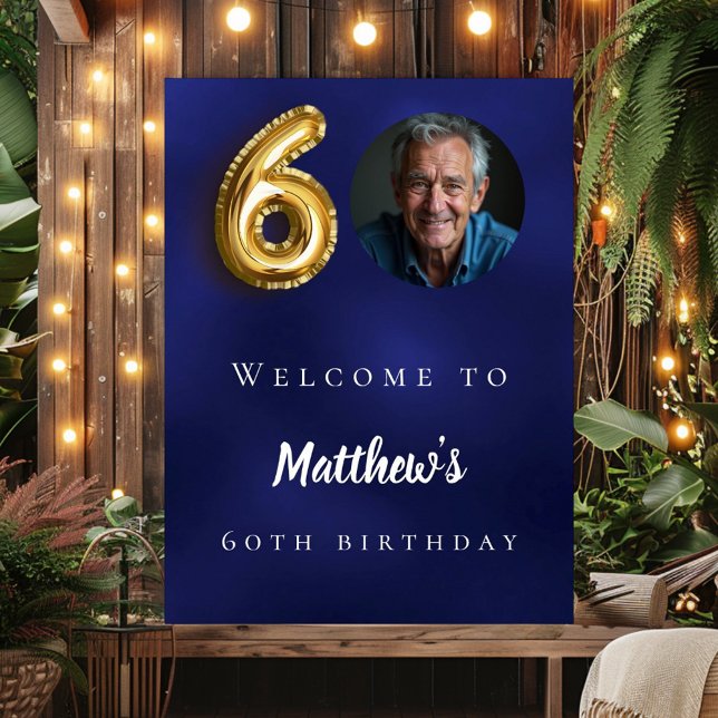 Navy blue gold 60th photo birthday party welcome poster (Creator Uploaded)