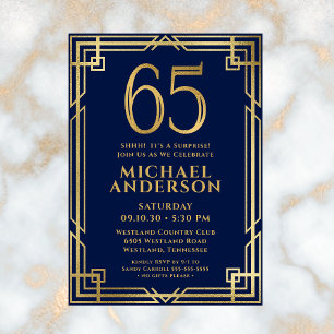 Navy Blue Gold 65th Birthday Photo Surprise Party Invitation