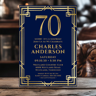 Navy Blue Gold 70th Birthday Photo Surprise Party Invitation