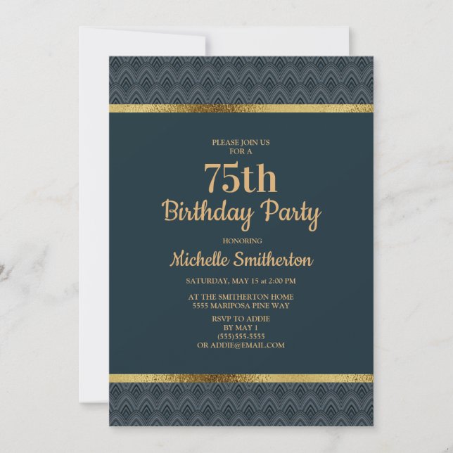 Navy Blue Gold 75th Birthday Party Invitation (Front)