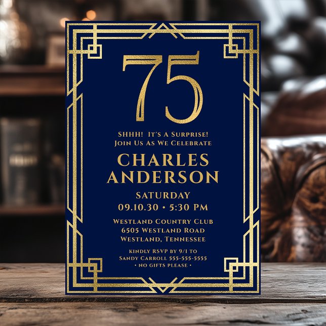 Navy Blue Gold 75th Birthday Photo Surprise Party Invitation (Creator Uploaded)