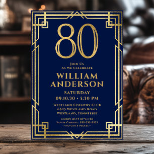 Navy Blue Gold 80th Birthday Photo Invitation