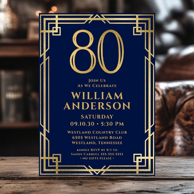 Navy Blue Gold 80th Birthday Photo Invitation (Creator Uploaded)