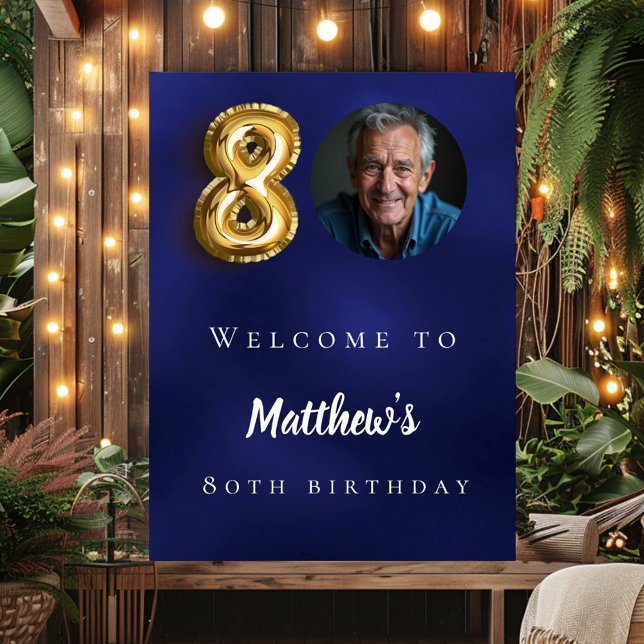 Navy blue gold 80th photo birthday party welcome poster (Creator Uploaded)