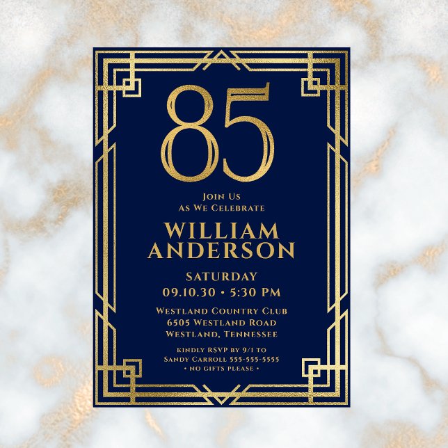 Navy Blue Gold 85th Birthday Photo Invitation (Creator Uploaded)