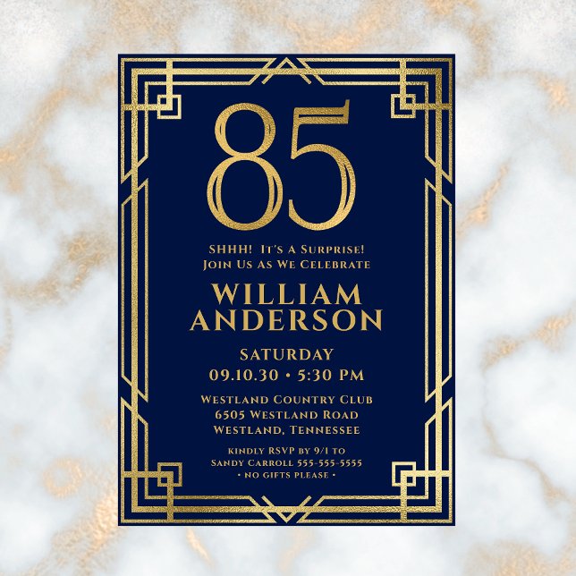 Navy Blue Gold 85th Birthday Photo Surprise Party Invitation (Creator Uploaded)