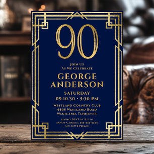 Navy Blue Gold 90th Birthday Photo Invitation