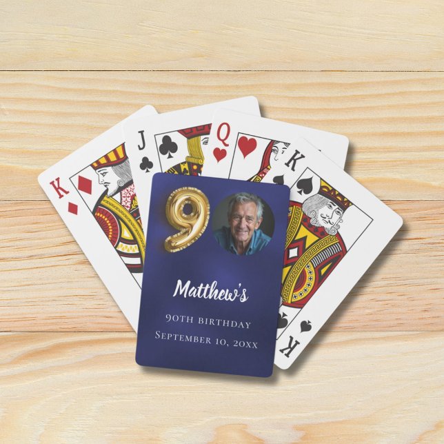 Navy blue gold 90th photo birthday party playing cards (Creator Uploaded)