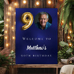 Navy blue gold 90th photo birthday party welcome poster<br><div class="desc">A welcome poster for a 90th birthday party. A navy blue uneven coloured background. Personalise and add a name and photo.</div>