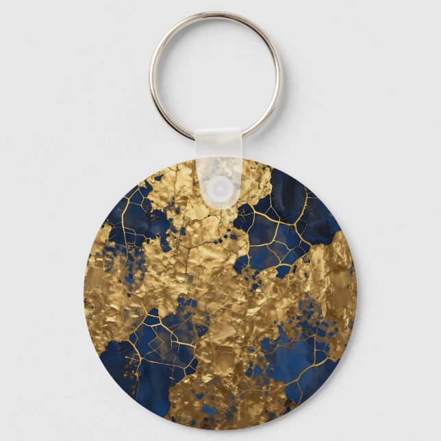 Navy Blue Gold Abstract Art Key Ring (Front)