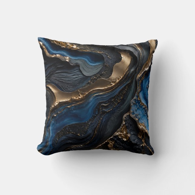 Navy Blue Gold Abstract Dark Luxury Marble Gift Cushion (Front)