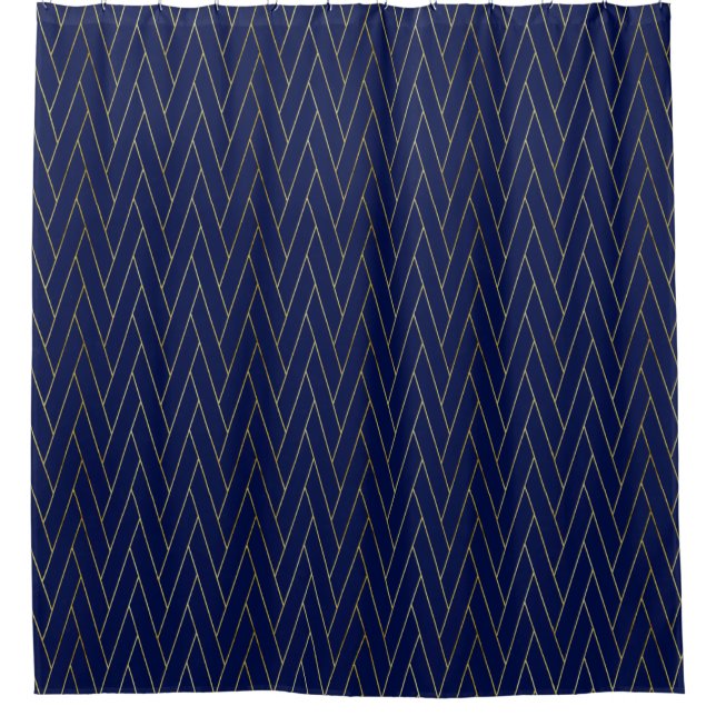 Navy Blue & Gold Abstract Geometric Pattern Luxury Shower Curtain (Front)