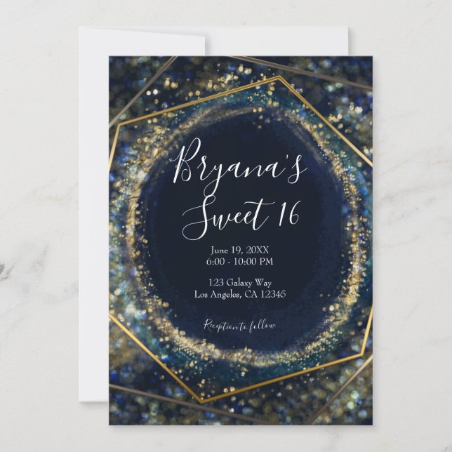 Navy Blue Gold Abstract Lights Geometric Sweet 16 Invitation (Front)