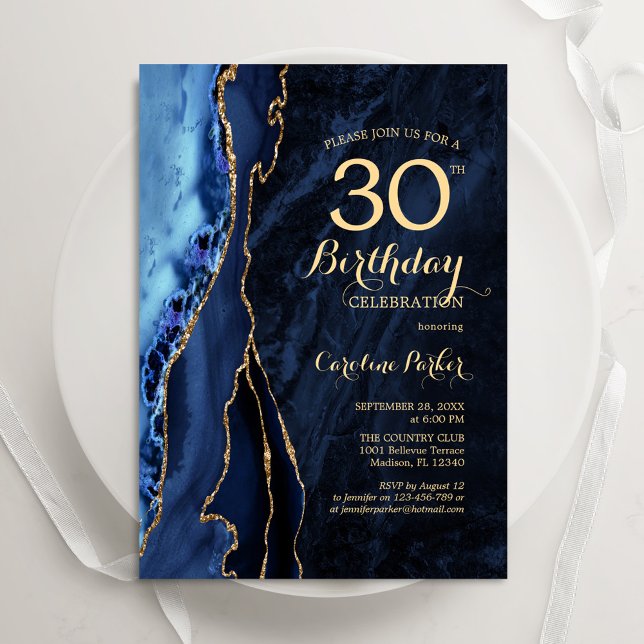 Navy Blue Gold Agate 30th Birthday Invitation (Creator Uploaded)