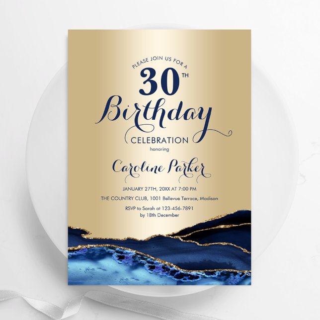 Navy Blue Gold Agate 30th Birthday Invitation (Creator Uploaded)