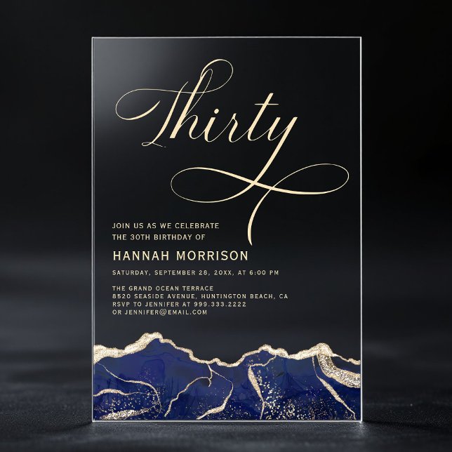 Navy Blue Gold Agate 30th Thirty Birthday Party Acrylic Invitations (Creator Uploaded)
