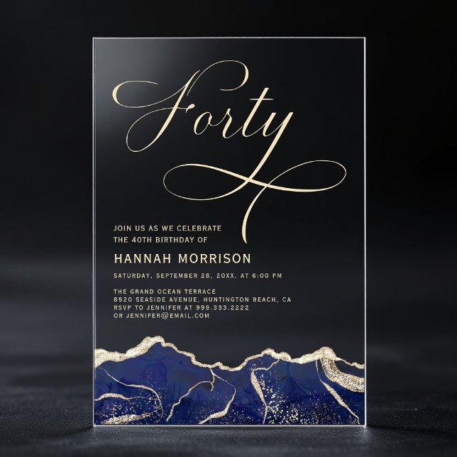 Navy Blue Gold Agate 40th Forty Birthday Party Acrylic Invitations (Creator Uploaded)