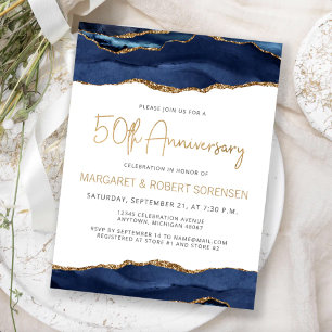 Navy Blue Gold Agate 50th Anniversary Invitation Postcard