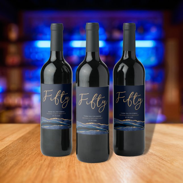 Navy Blue Gold Agate 50th Birthday Wine Label (Creator Uploaded)